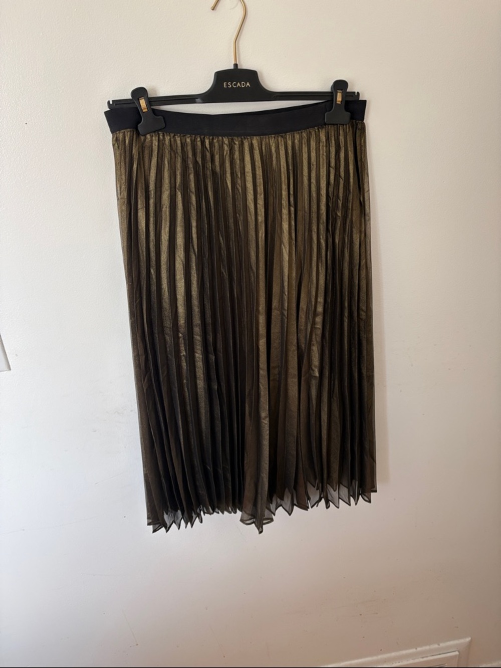 White House Black Market Olive-Gold Pleated Midi Skirt